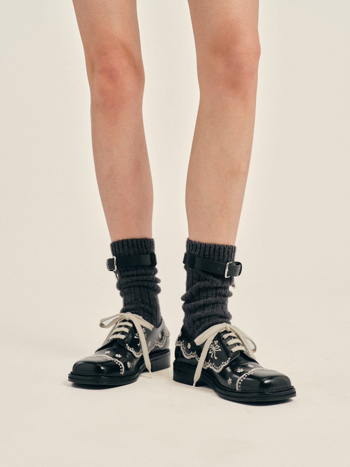 Chunky Wool Leather Strap Ankle Socks