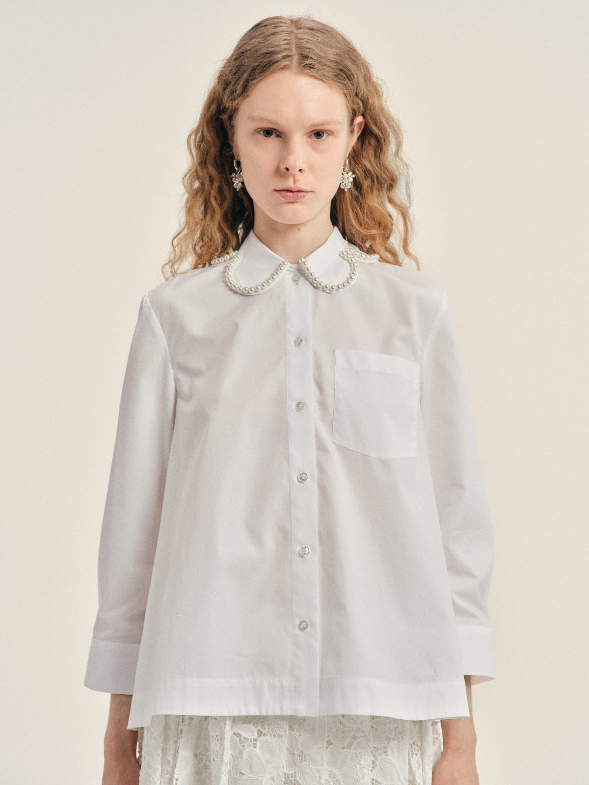 Embellished Cropped Petal Collar Masculine Shirt