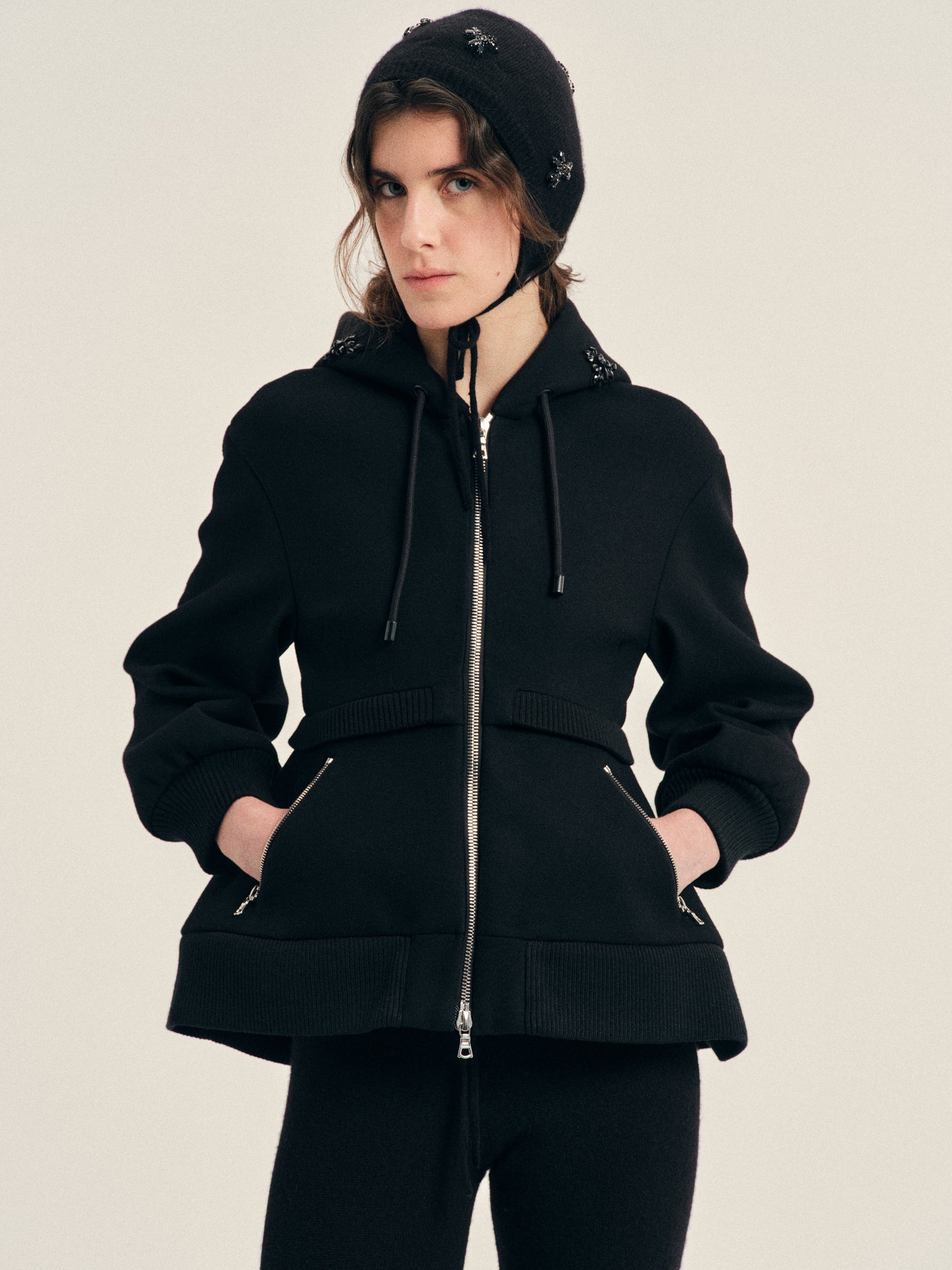 Embellished Sculpted Double Hem Zip Jacket
