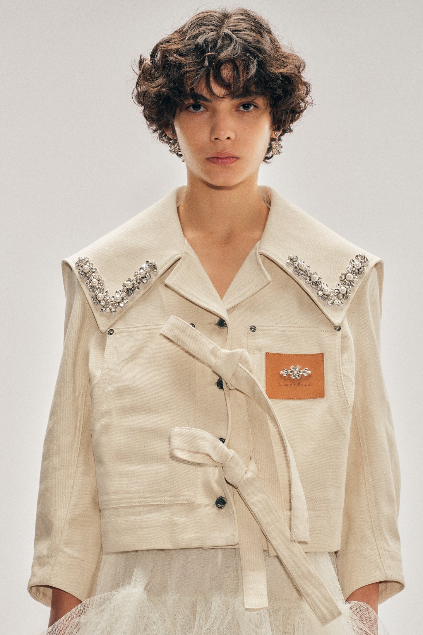 Embellished Cropped Sailor Collar Workwear Bow Jacket