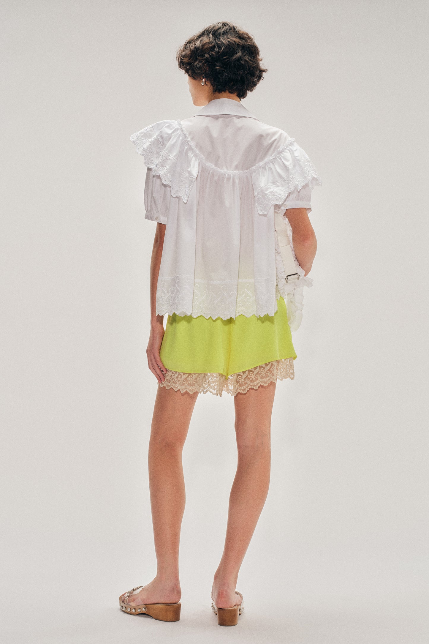 Cropped Puff Sleeve Ruffle Frill Trim Shirt