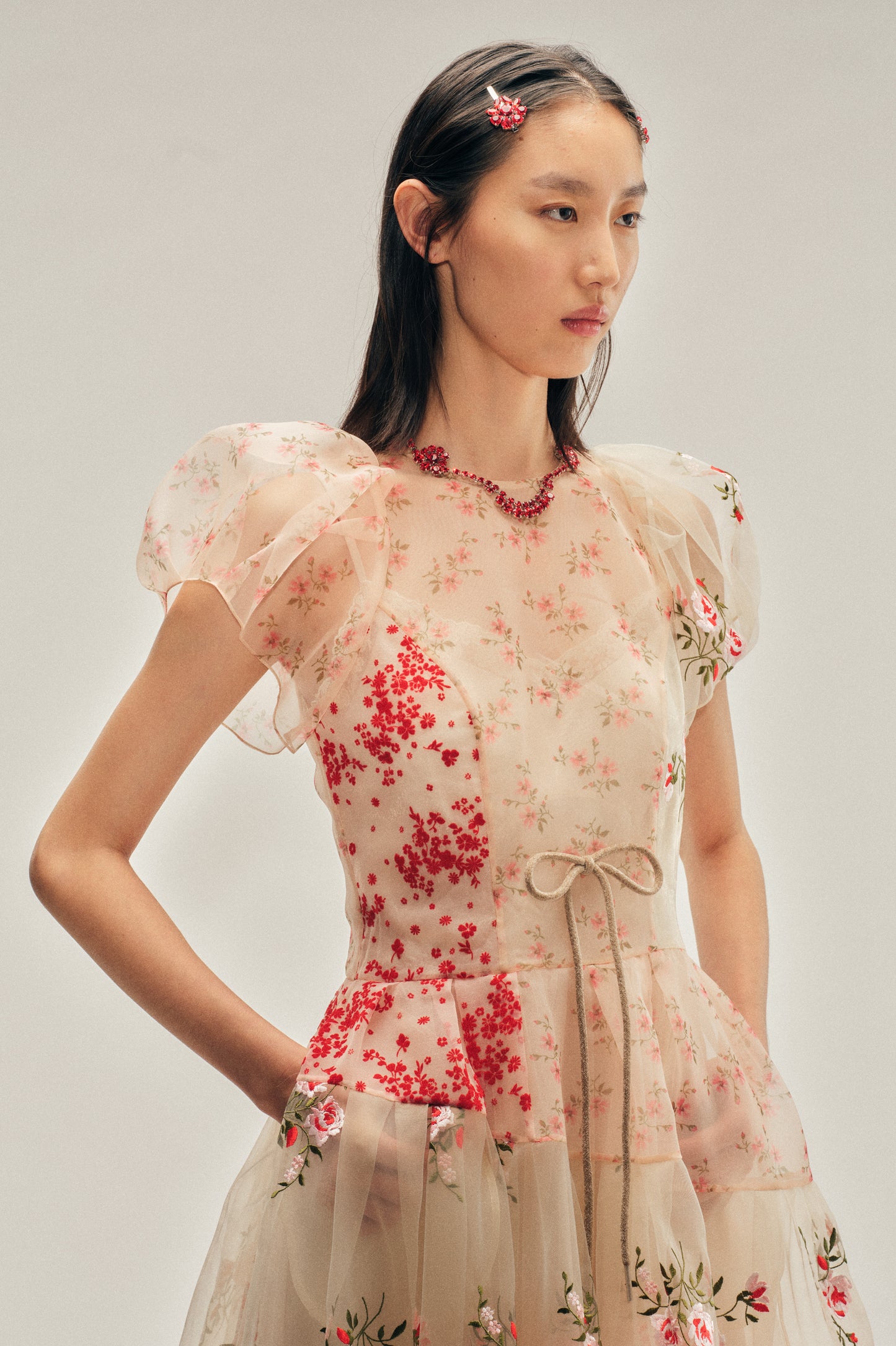 Sheer Puff Sleeve Patchwork Flounce Dress