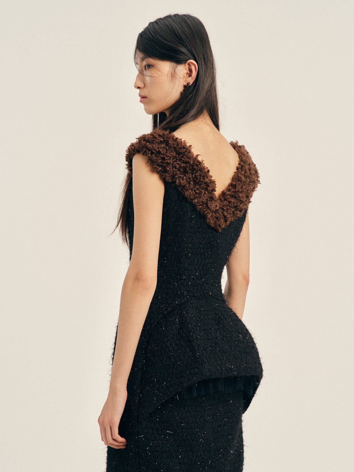 Faux Fur Detail Portrait Bustle Dress