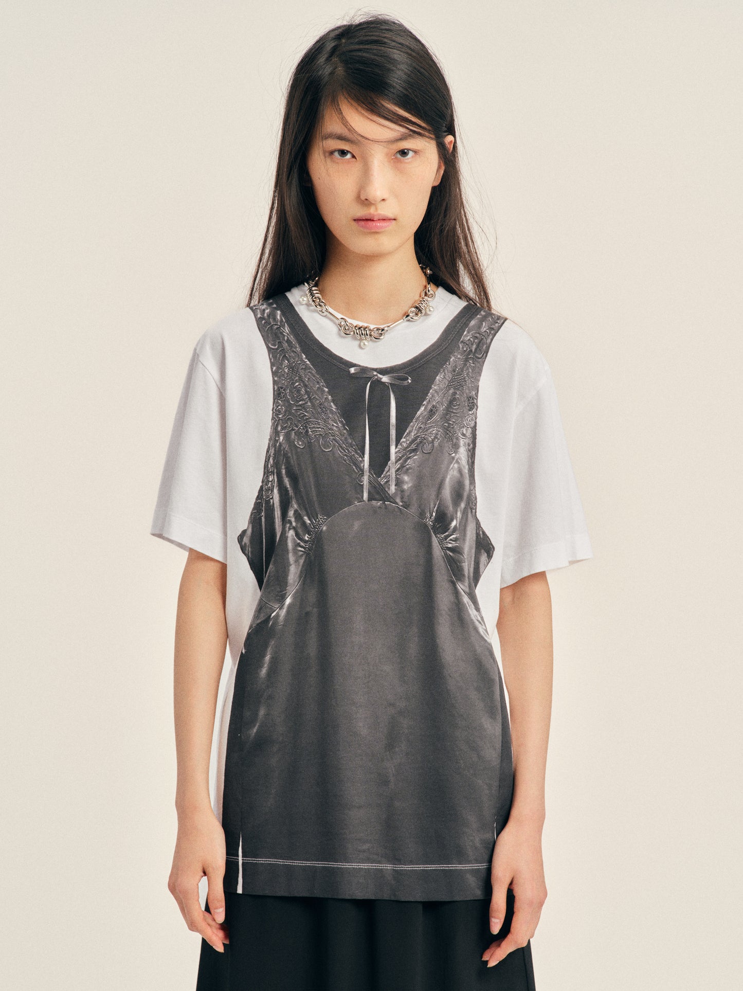 Patchwork Satin Trompe L'Oeil Print T-Shirt