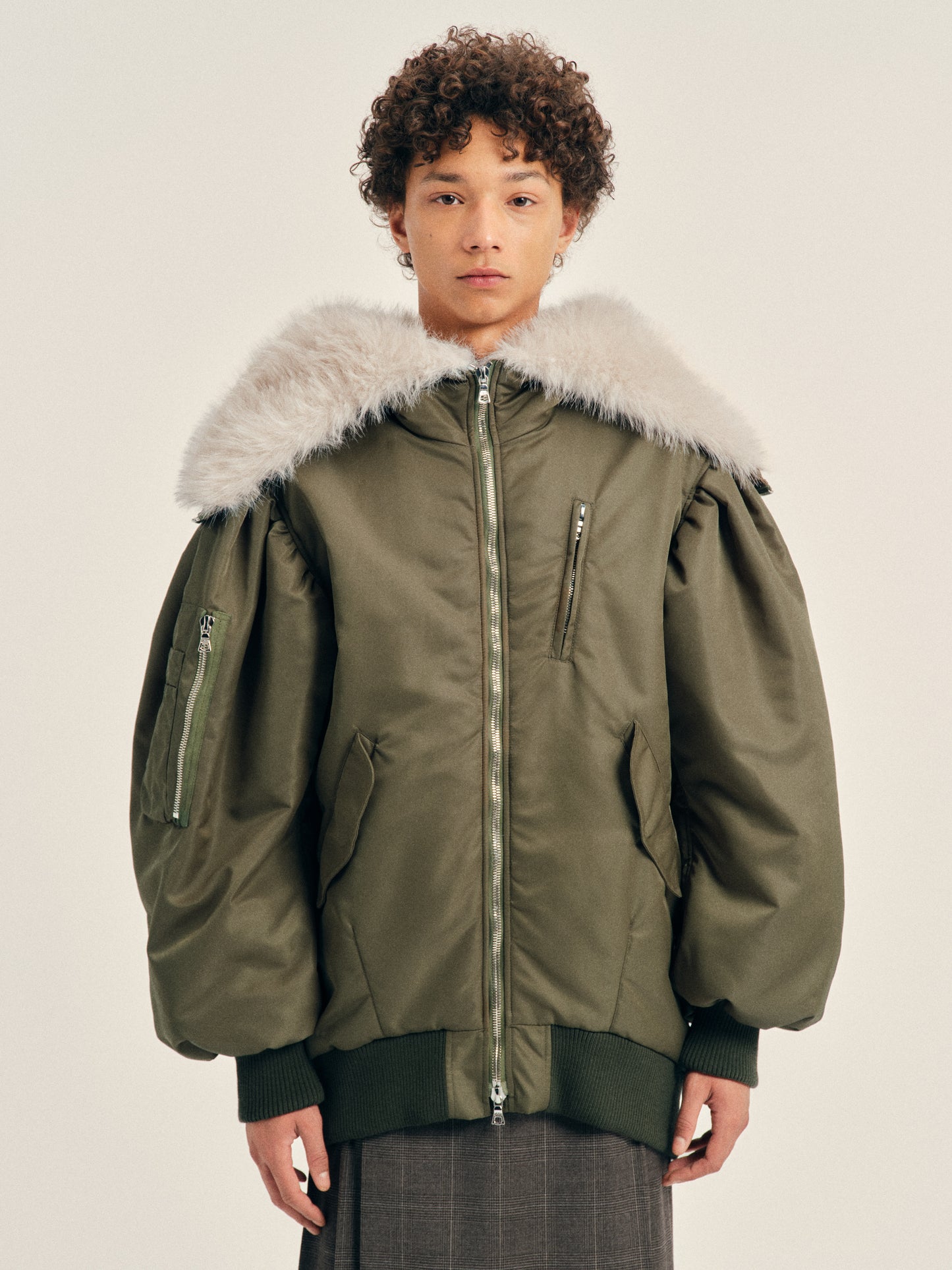 Oversized Split Faux Fur Hood Bomber Jacket