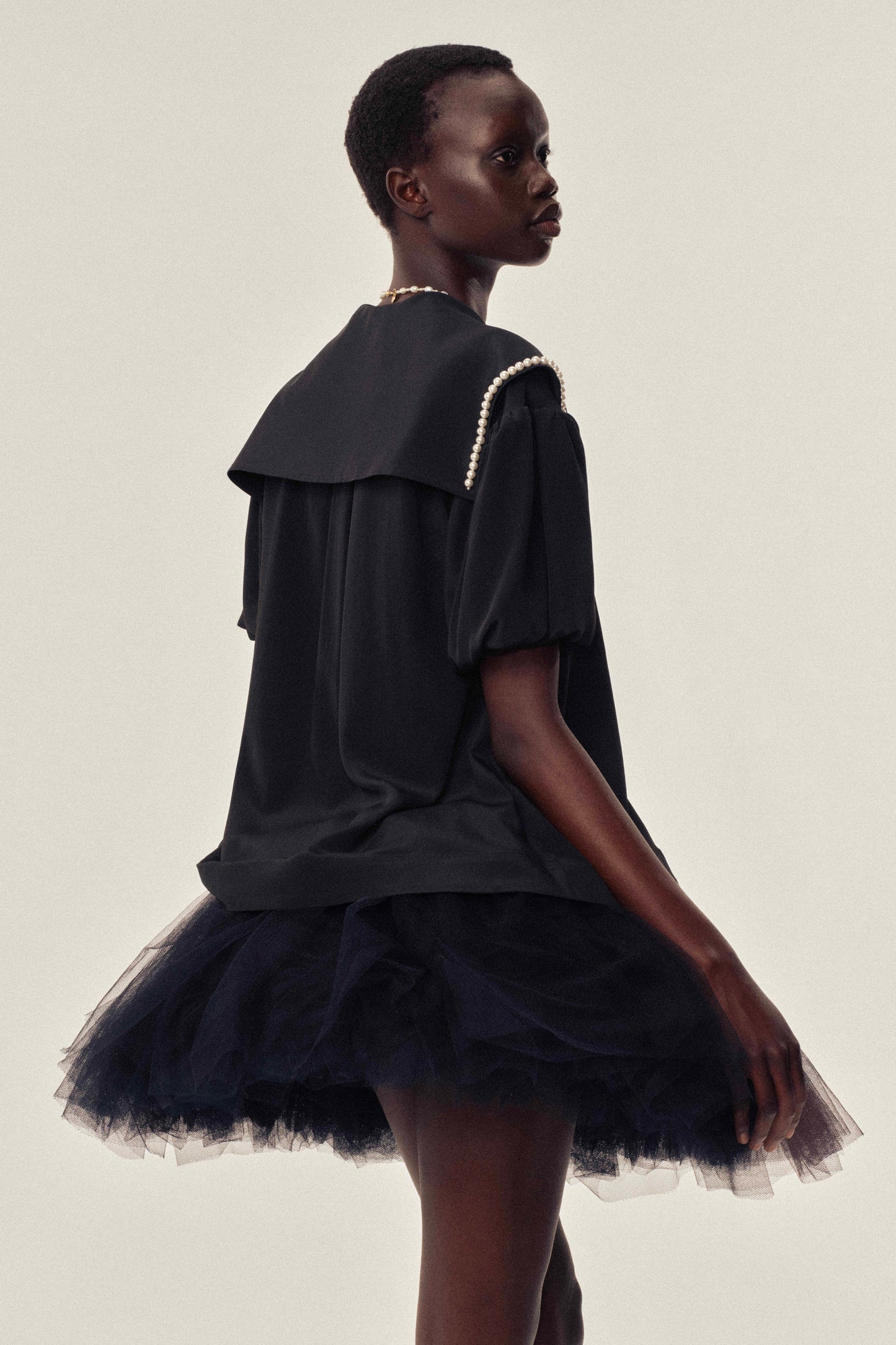 Beaded Sailor Collar Puff Sleeve Shirt