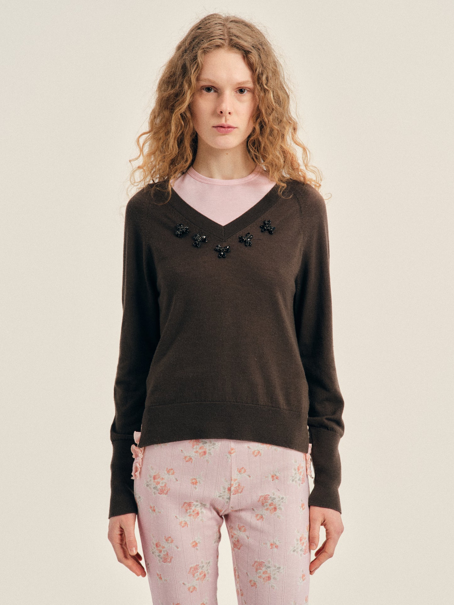 Turbo Embellished Merino Silk Double V-Neck Jumper