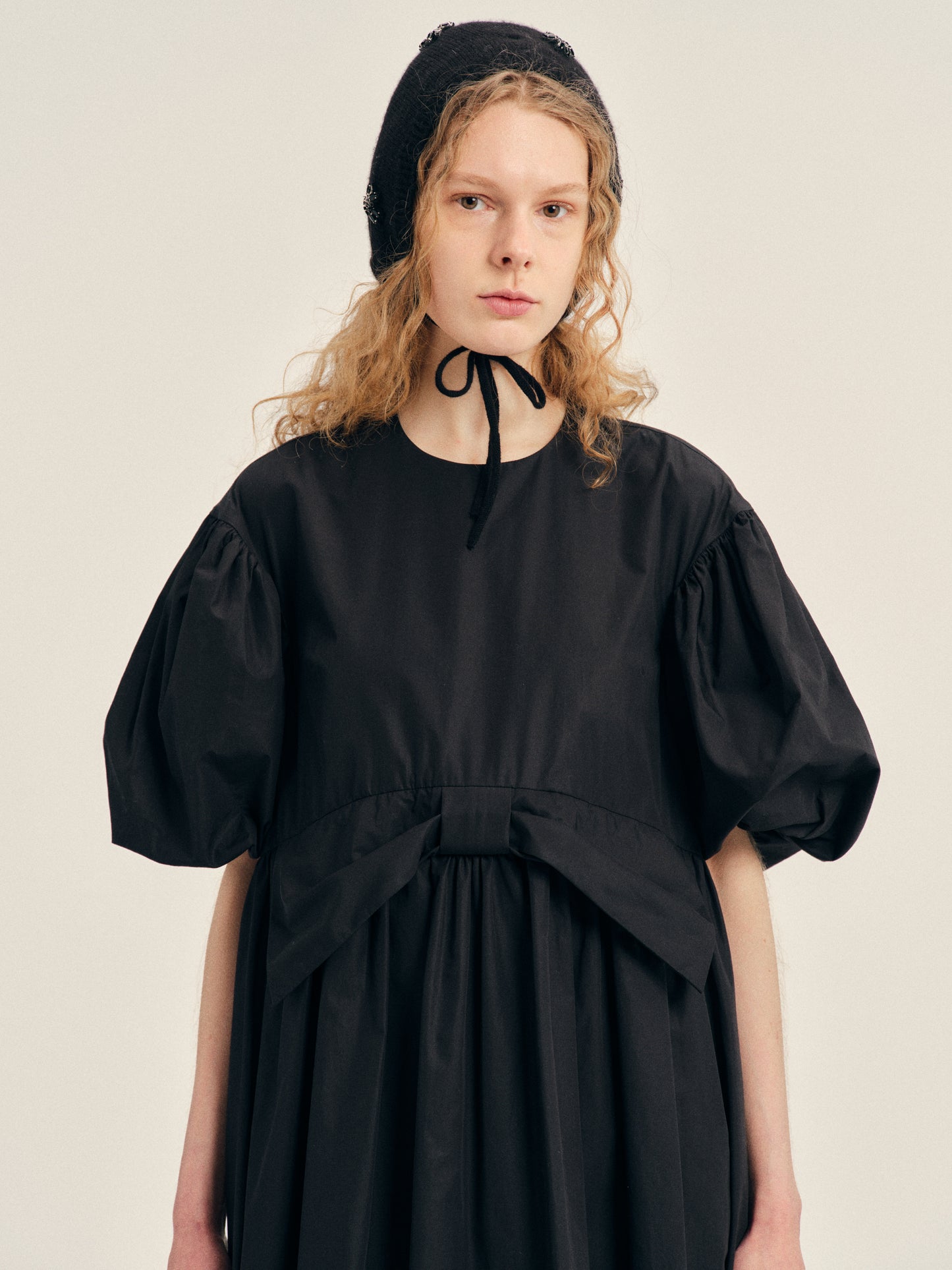 Puff Sleeve Gathered Bow Smock Dress