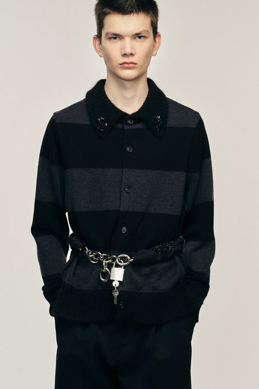 Embellished Fuzzy Collar Rugby Cardigan