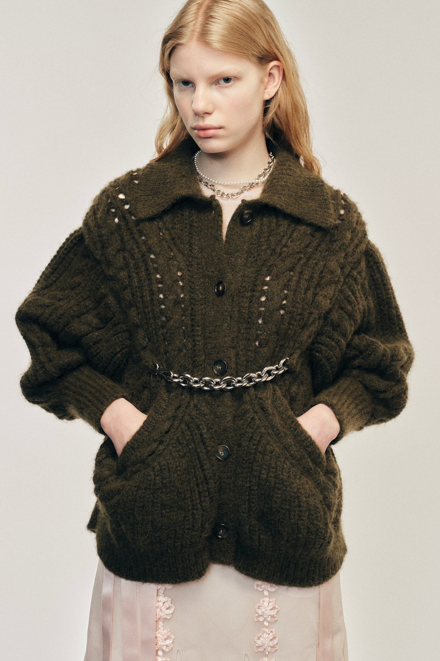 Sculpted Chunky Knit Chain Detail Cardigan