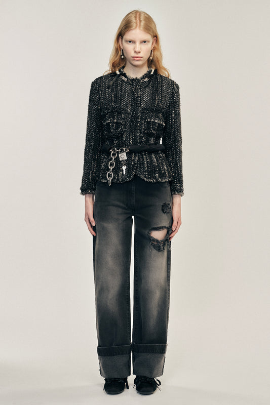 Embellished Sculpted Frill Bust Fray Jacket