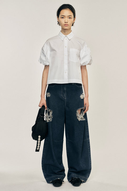 Cropped Bow Puff Sleeve Shirt