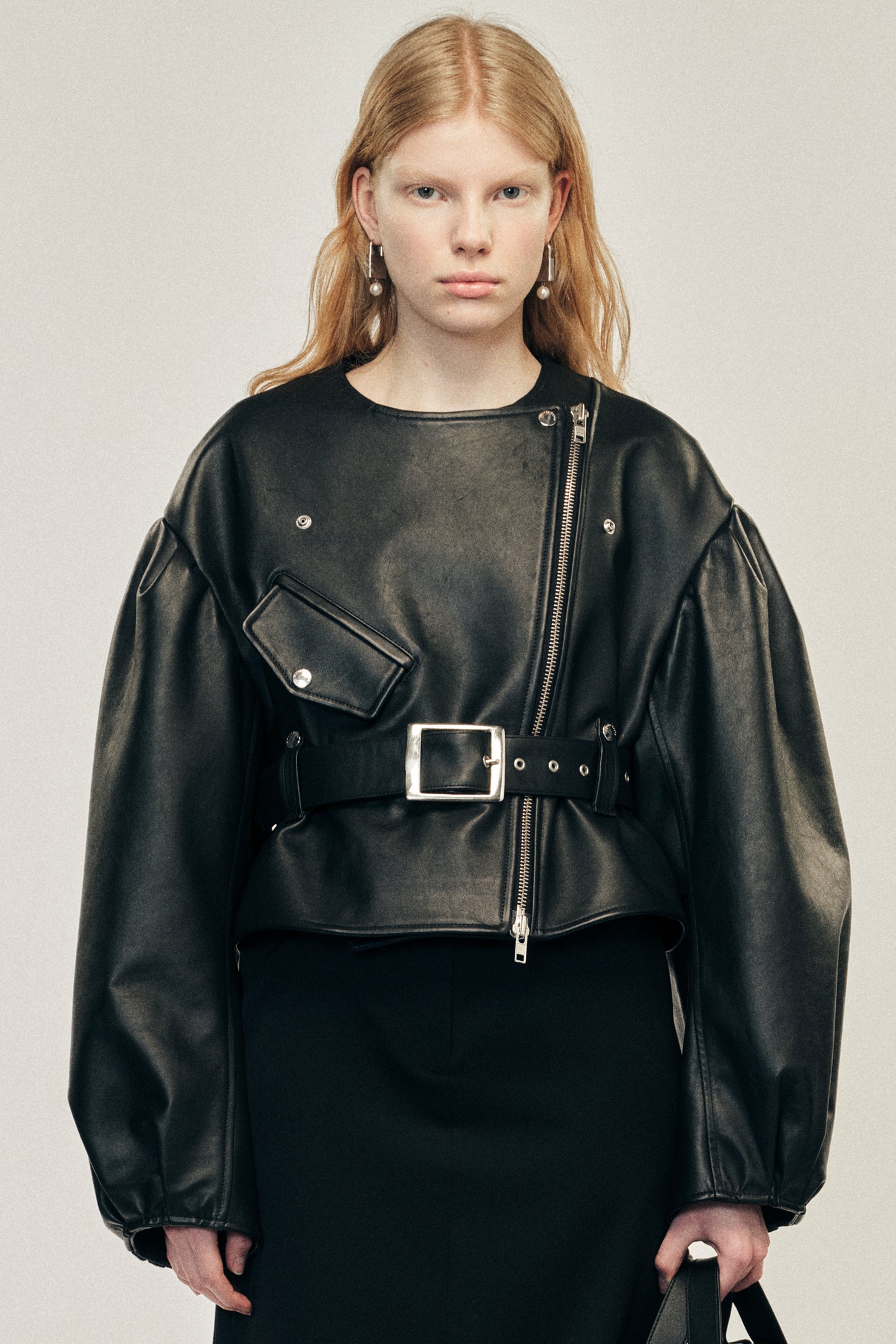 Cropped Sculpted Belt Detail Biker Jacket