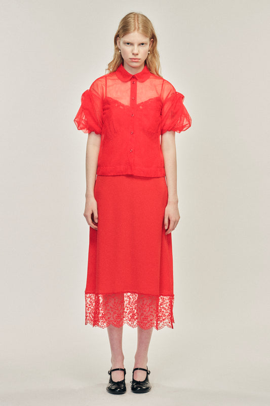 Sheer Cropped Bow Puff Sleeve Shirt