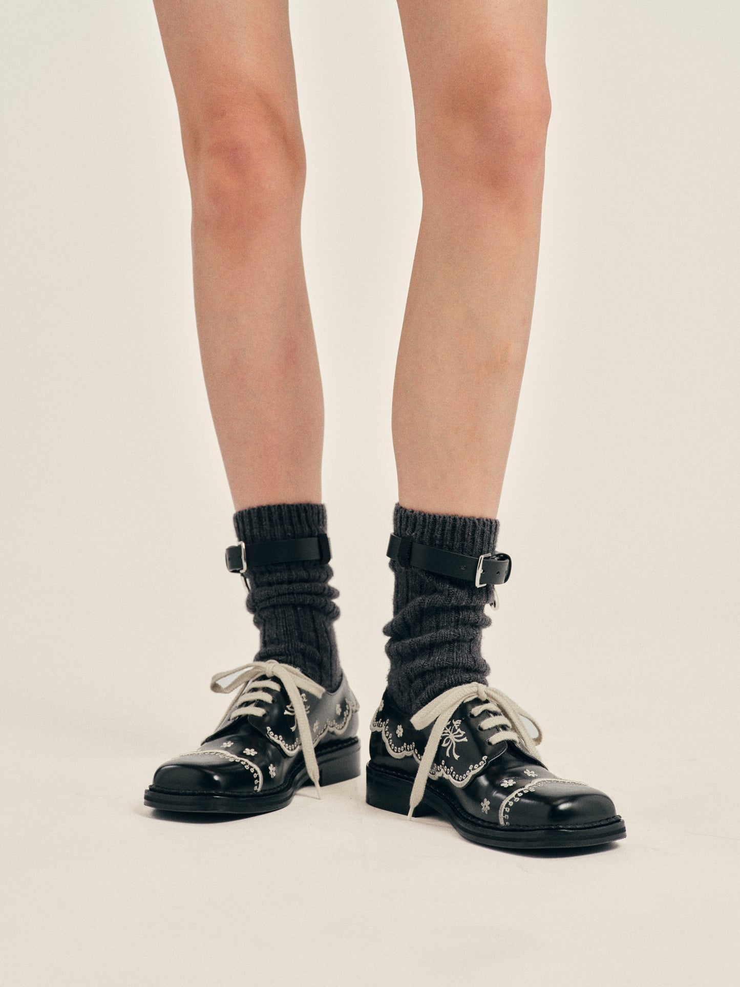 Chunky Wool Leather Strap Ankle Socks
