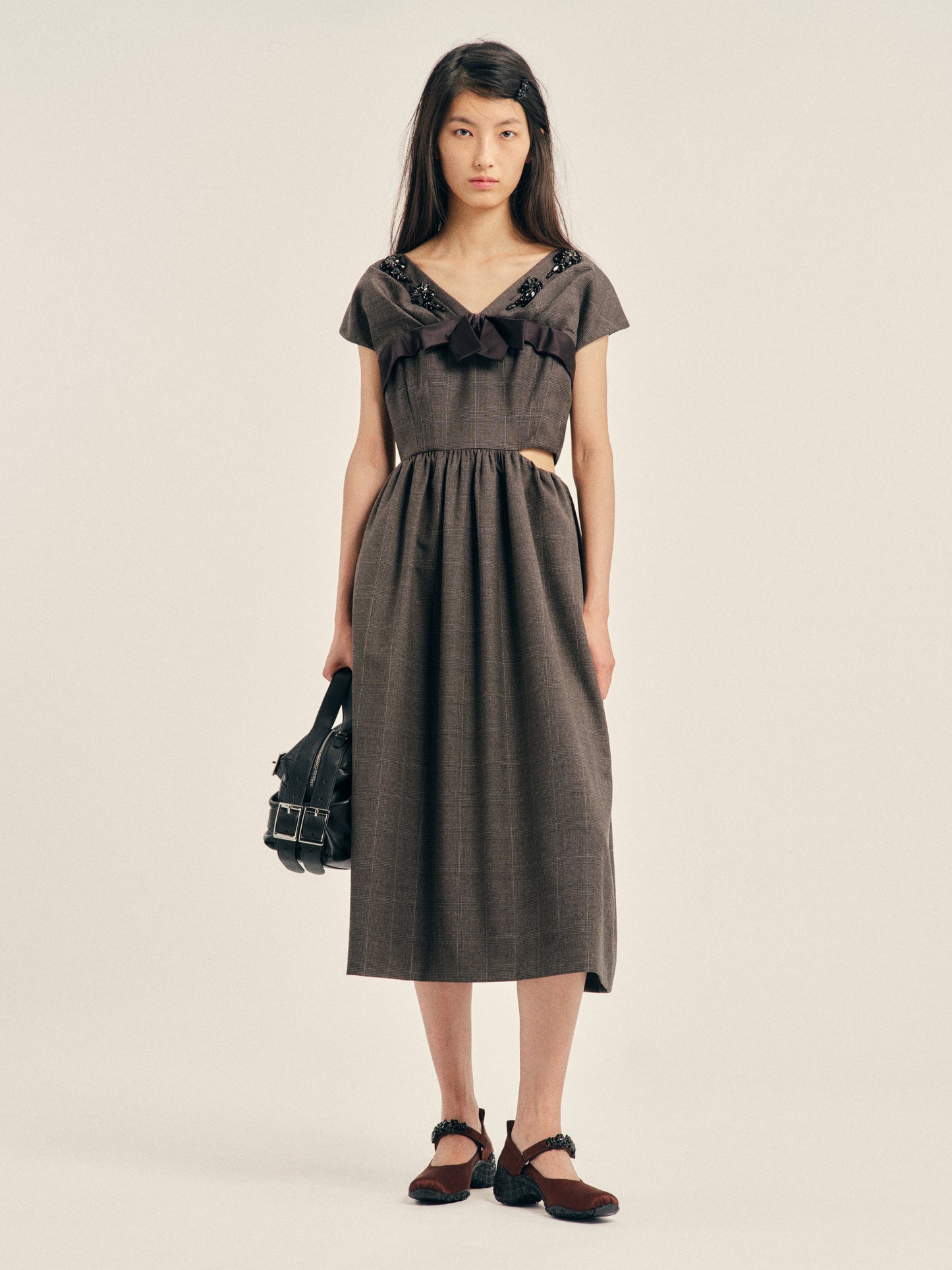 Embellished Gathered Sleeve Bite Detail Flare Dress