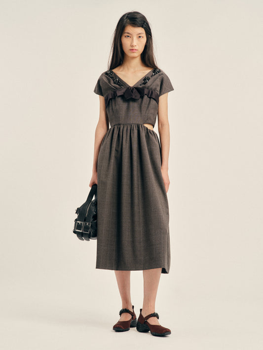 Embellished Gathered Sleeve Bite Detail Flare Dress
