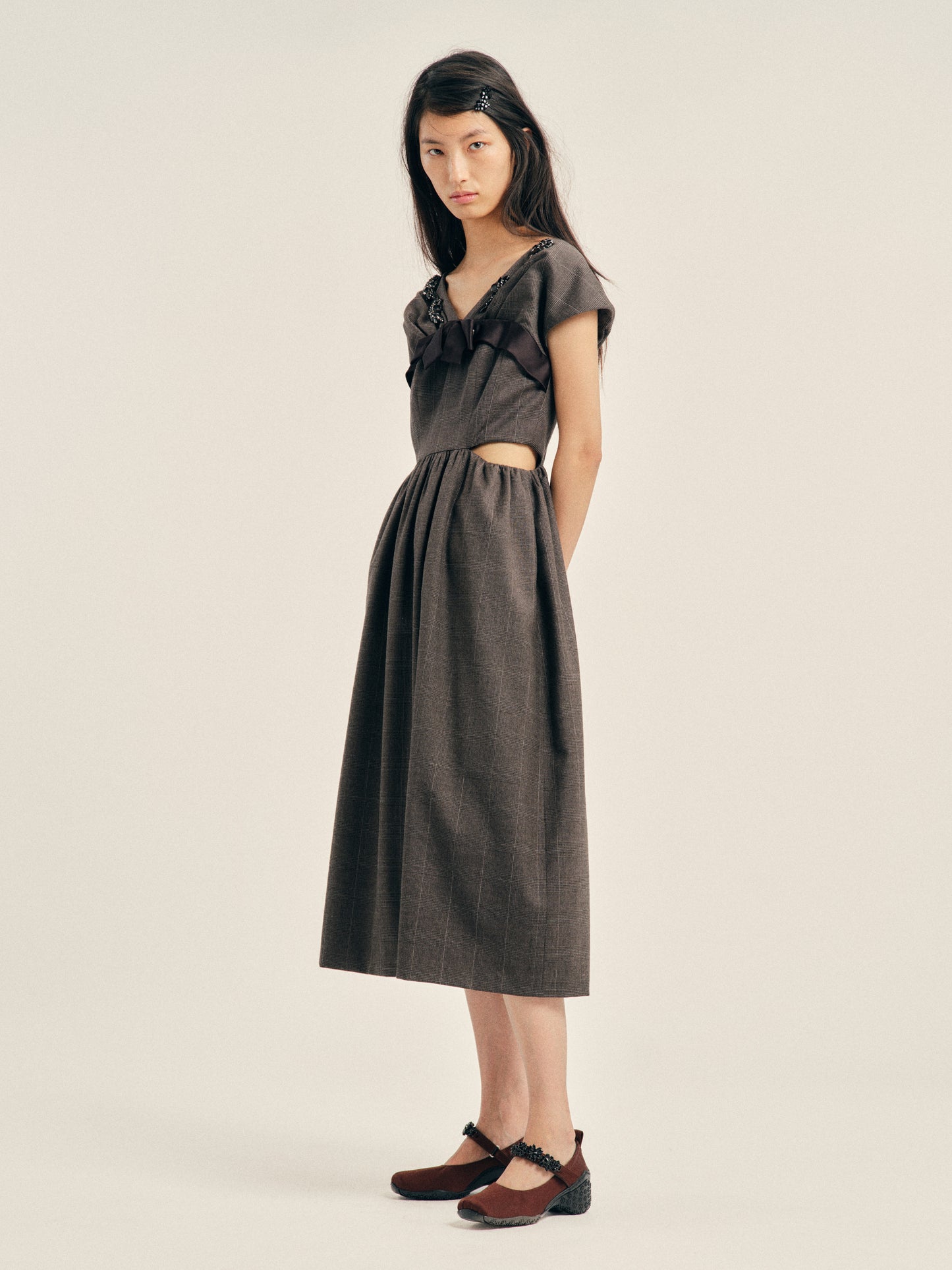 Embellished Gathered Sleeve Bite Detail Flare Dress