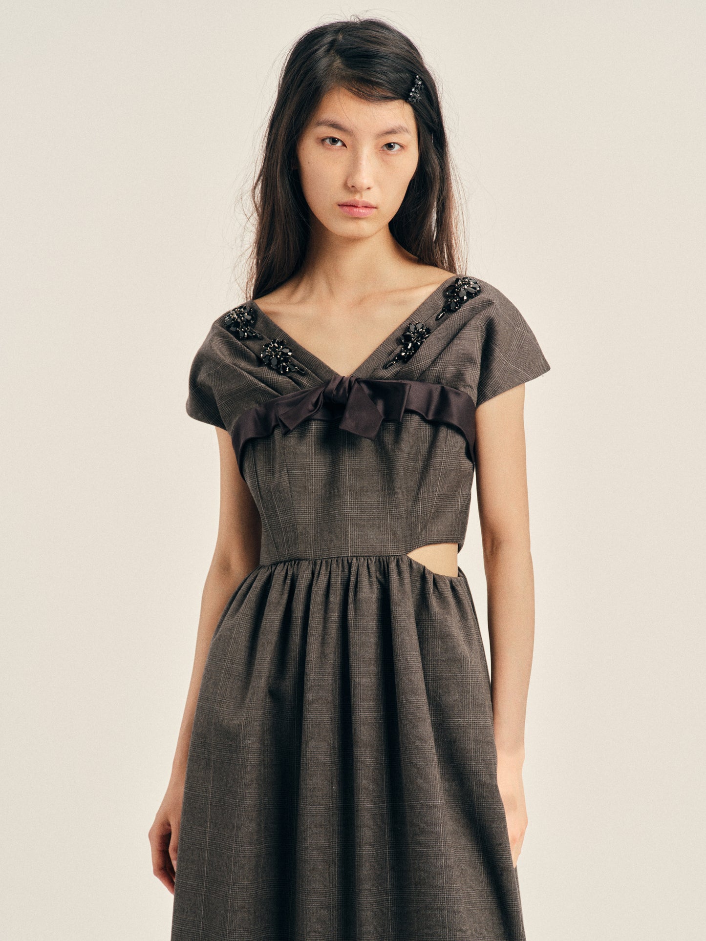 Embellished Gathered Sleeve Bite Detail Flare Dress