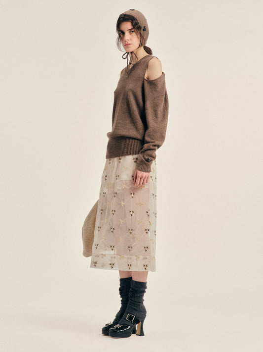 Embellished Relaxed Cashmere Slash V-Neck Jumper