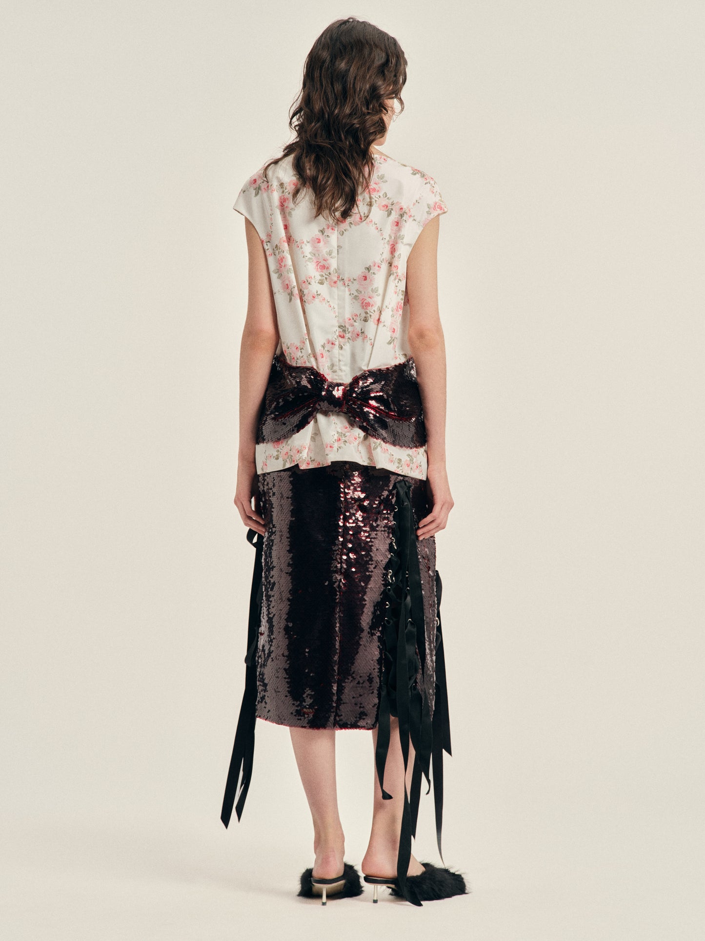 Boxy Peplum Sequin Bow Detail Top