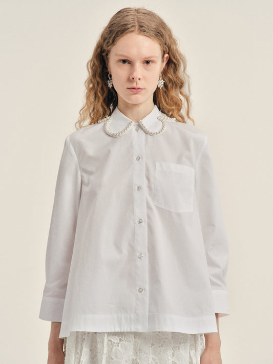 Embellished Cropped Petal Collar Masculine Shirt