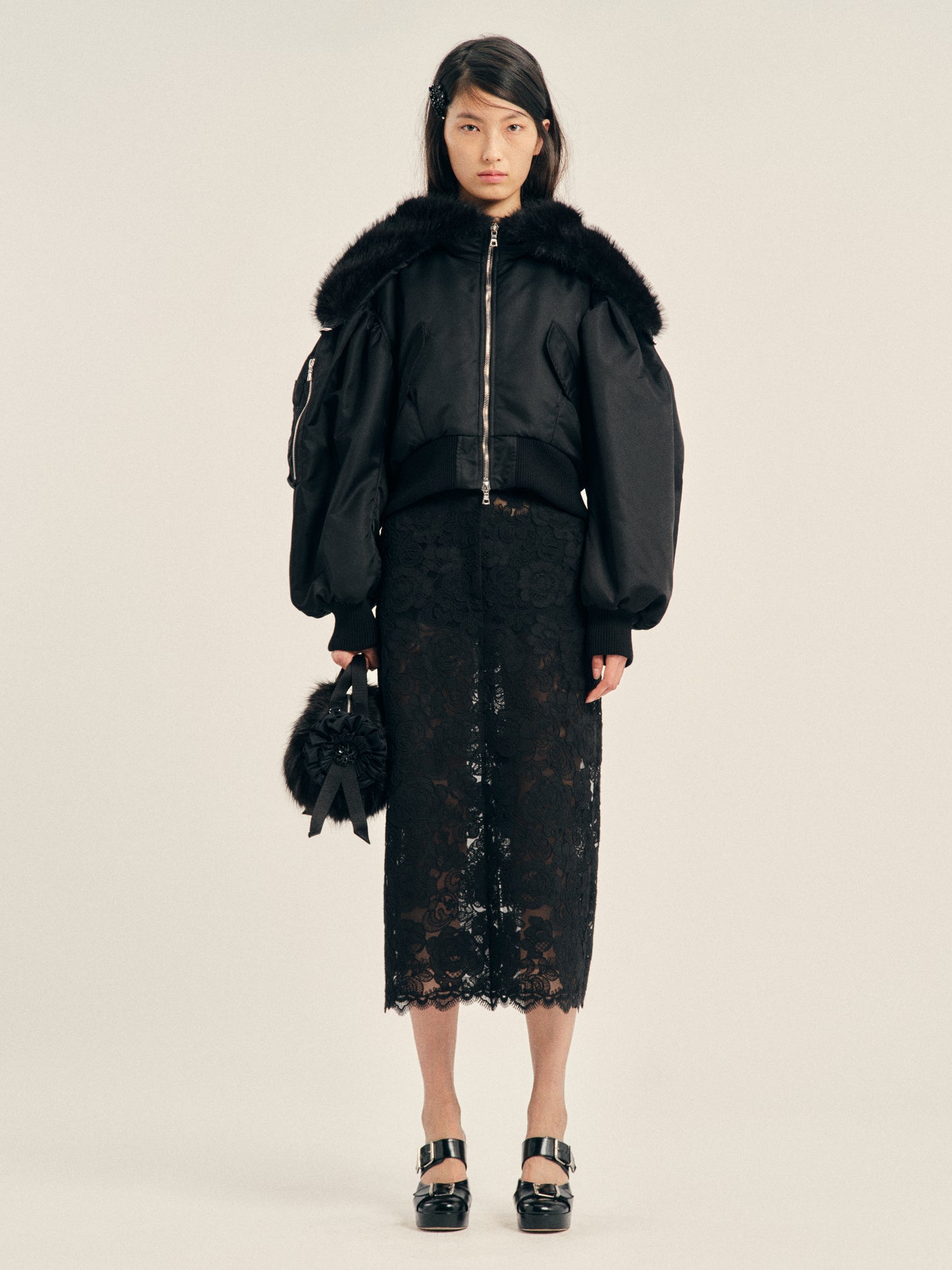 Cropped Split Faux Fur Hood Bomber Jacket