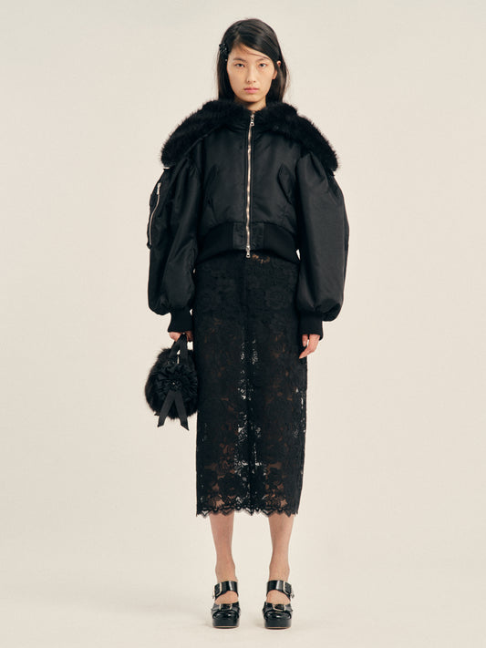 Cropped Split Faux Fur Hood Bomber Jacket