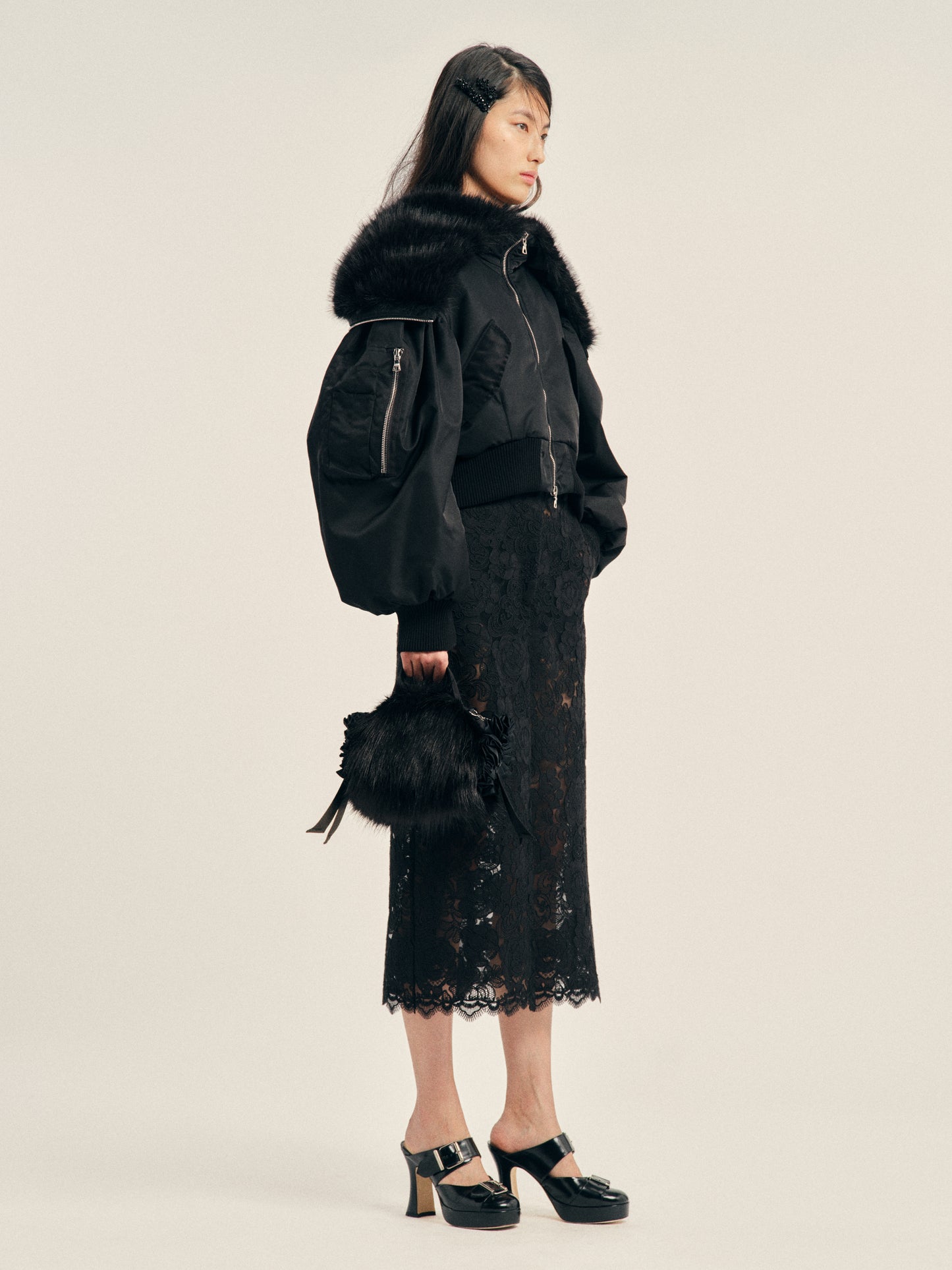 Cropped Split Faux Fur Hood Bomber Jacket
