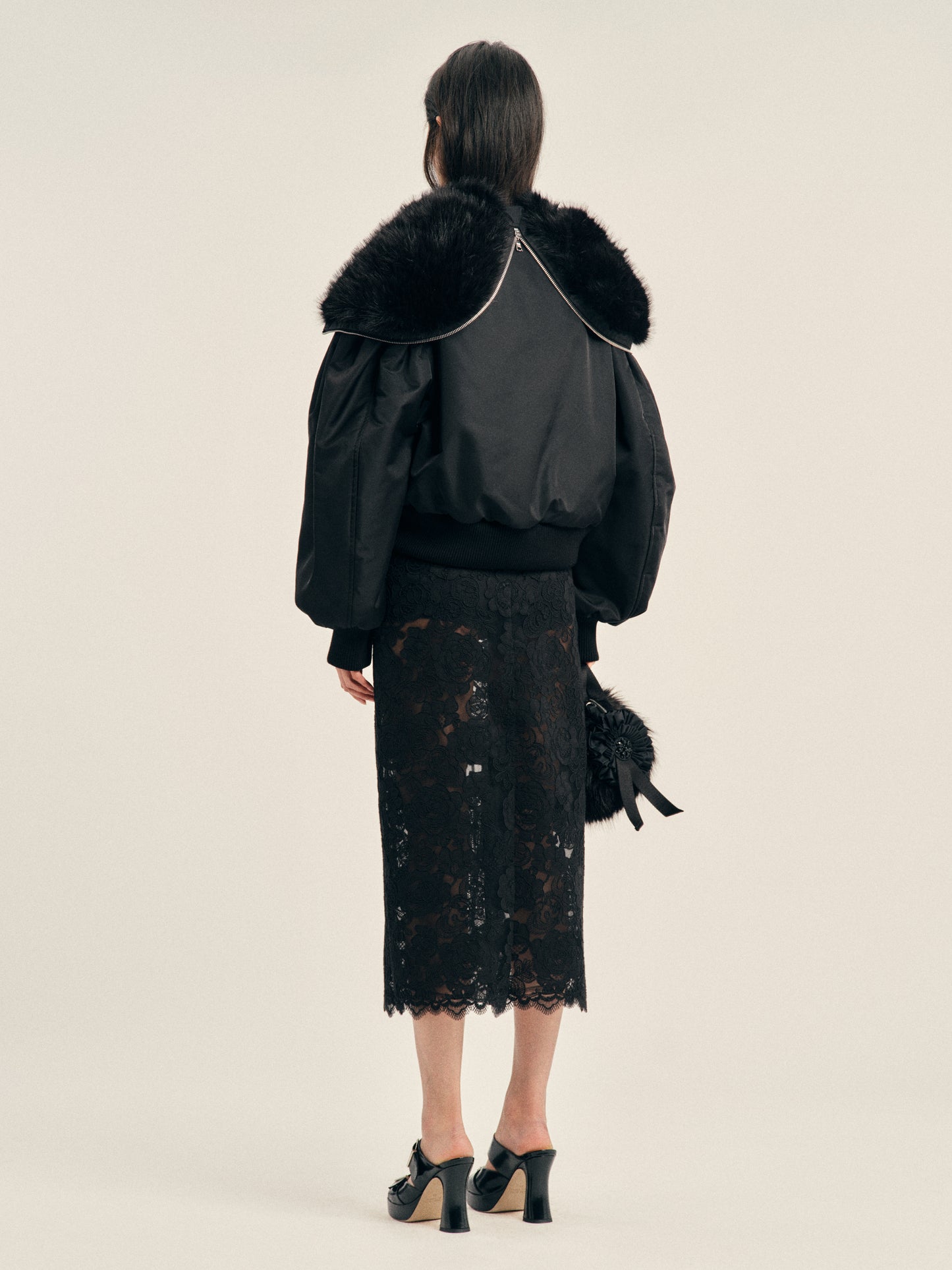 Cropped Split Faux Fur Hood Bomber Jacket