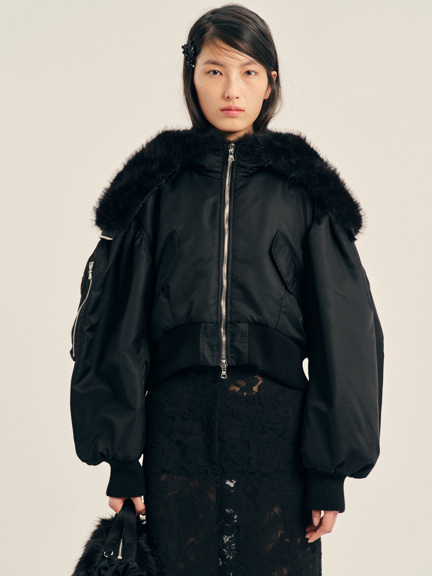 Cropped Split Faux Fur Hood Bomber Jacket