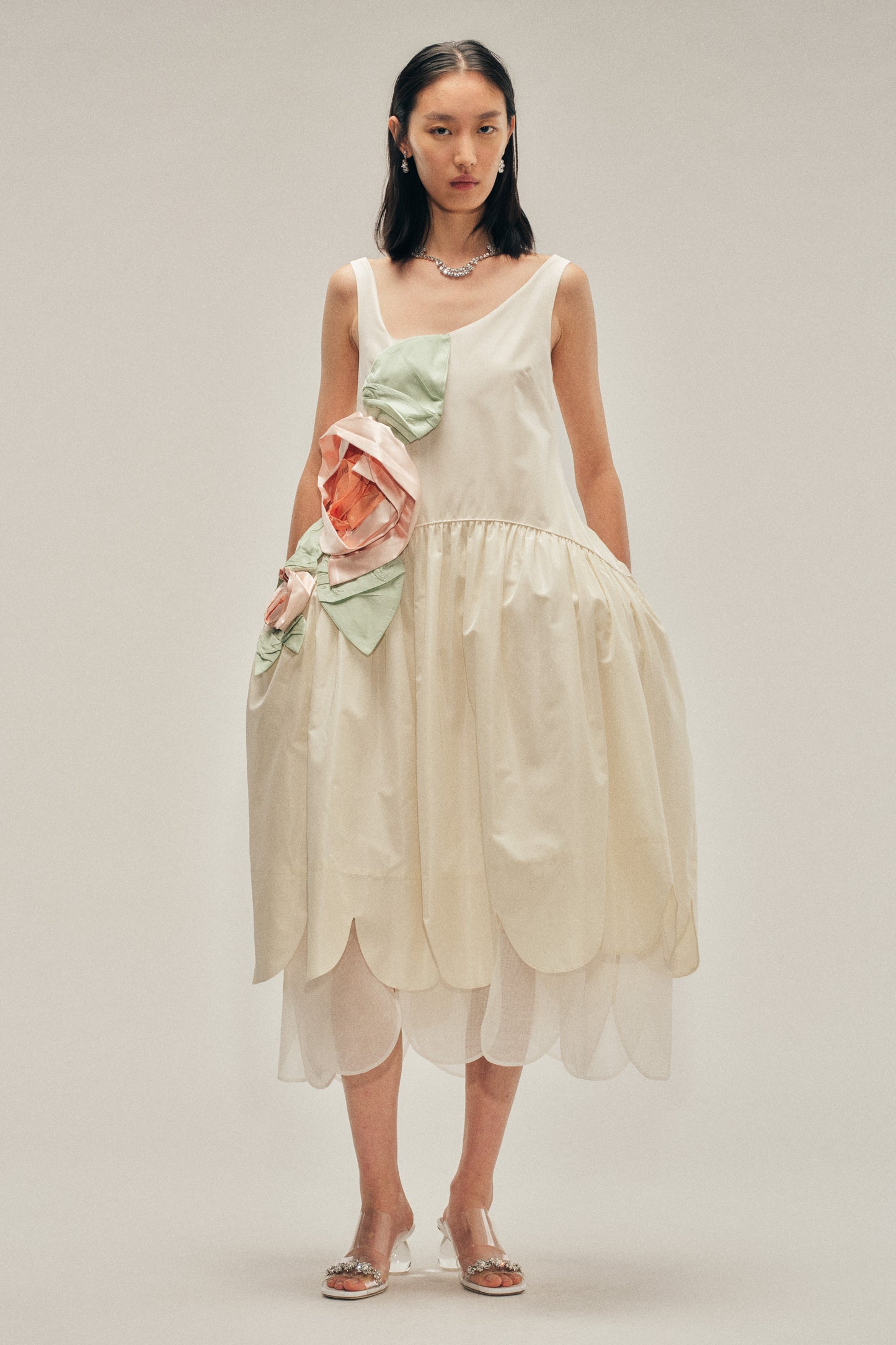Pressed Rosette Tilted Neck Petal Hem Dress