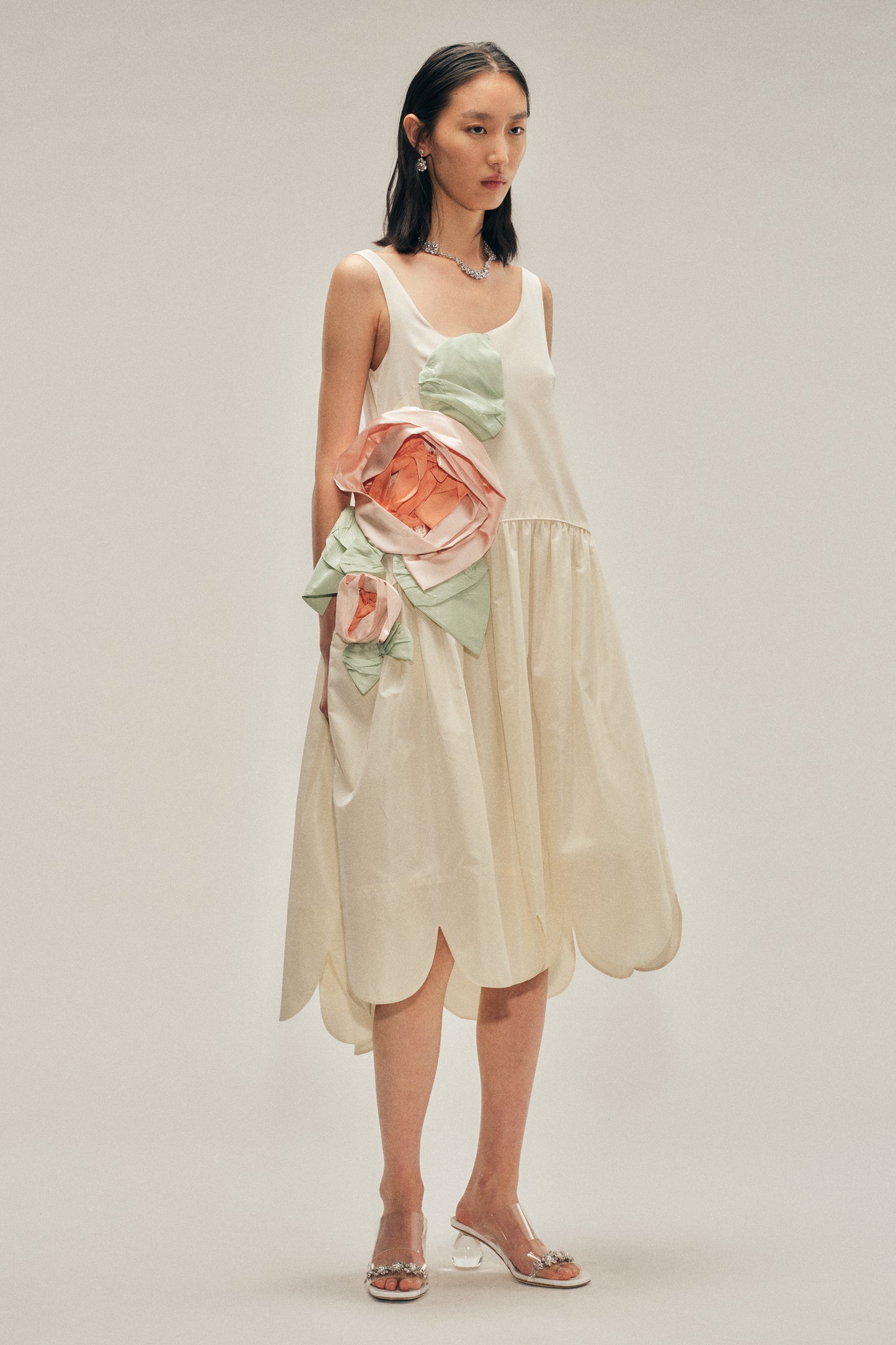 Pressed Rosette Tilted Neck Petal Hem Dress