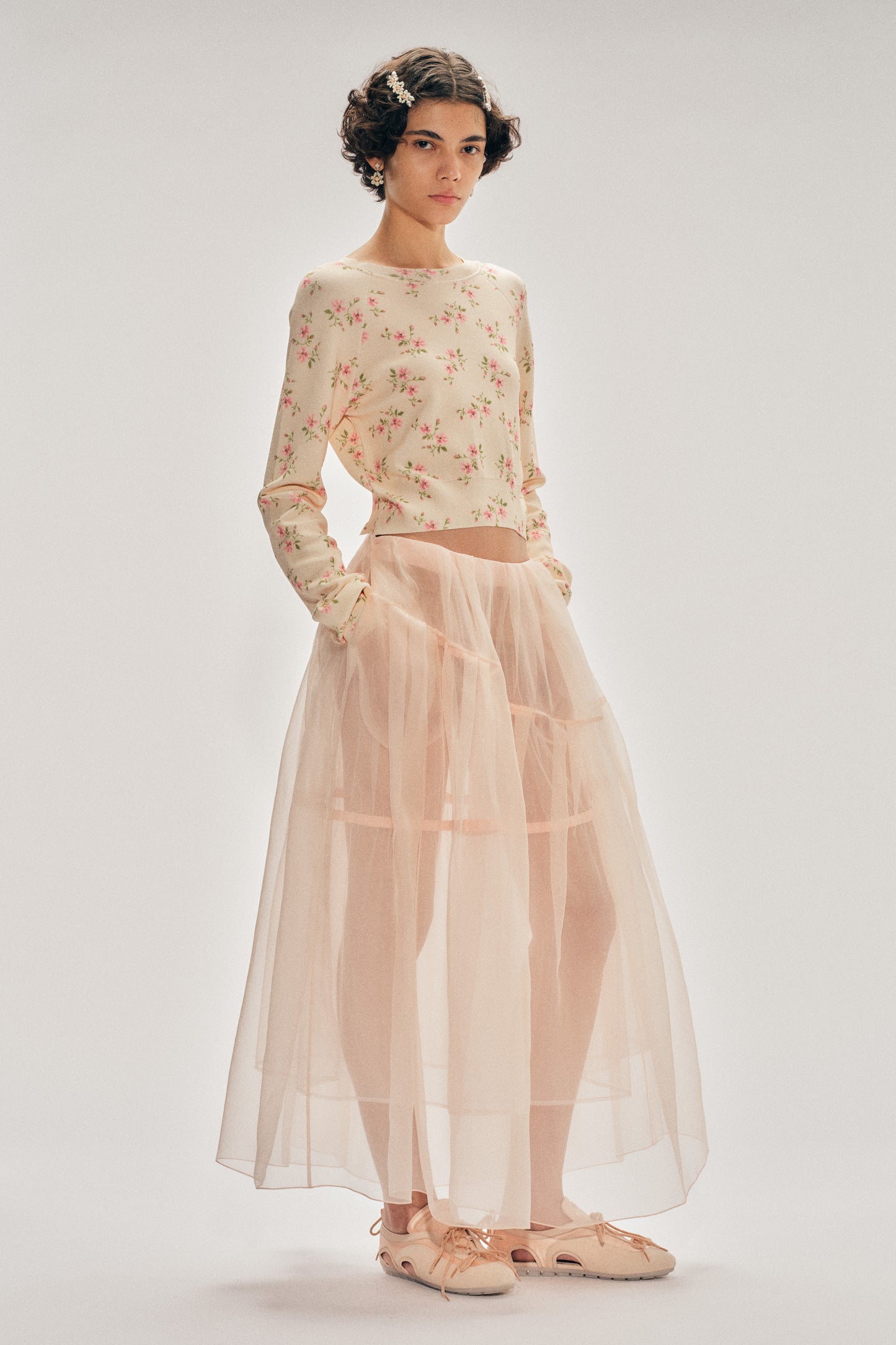 Sheer Overlay Long Flounce Skirt