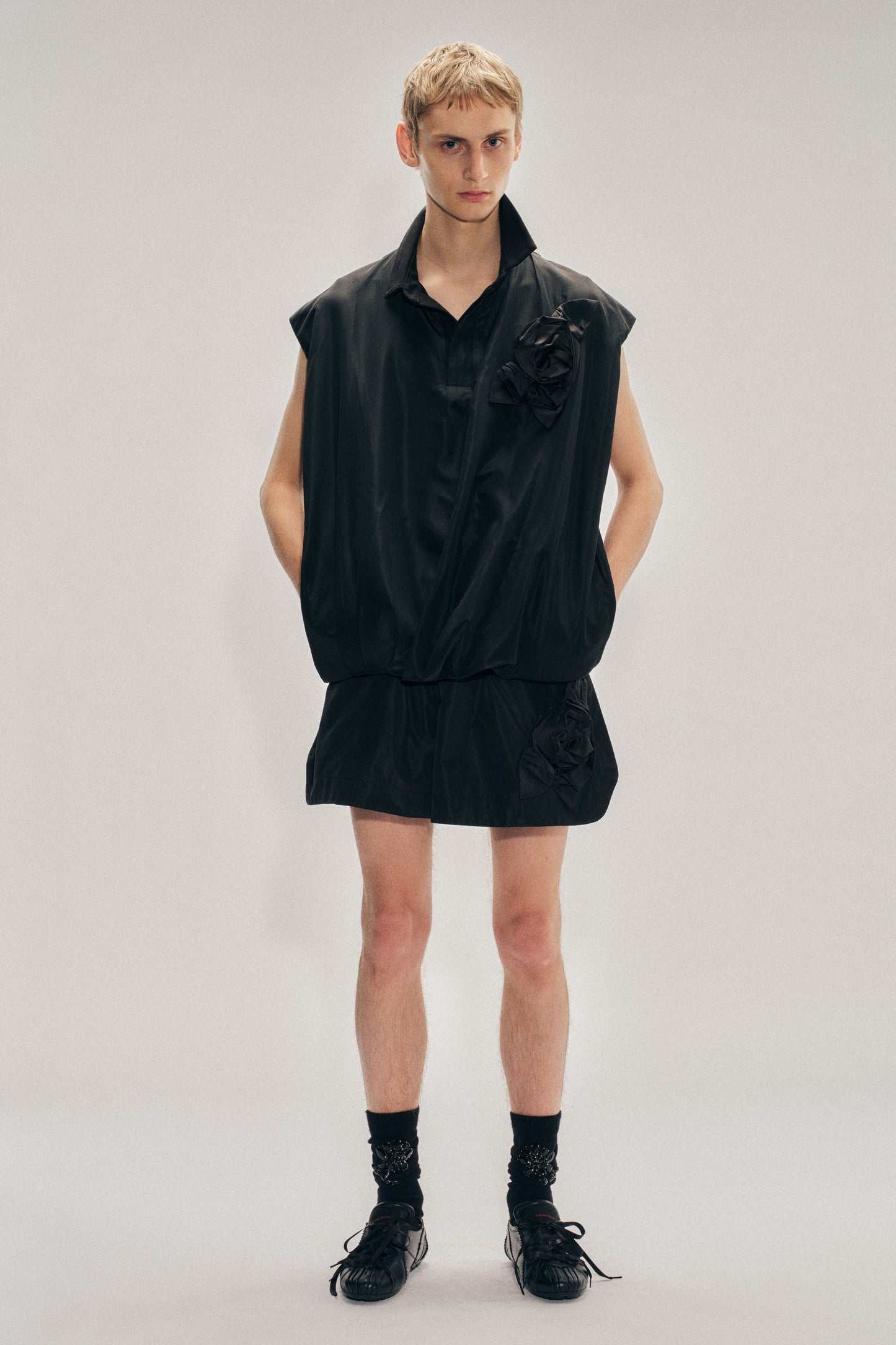 Draped Bubble Hem Pressed Rosette Top