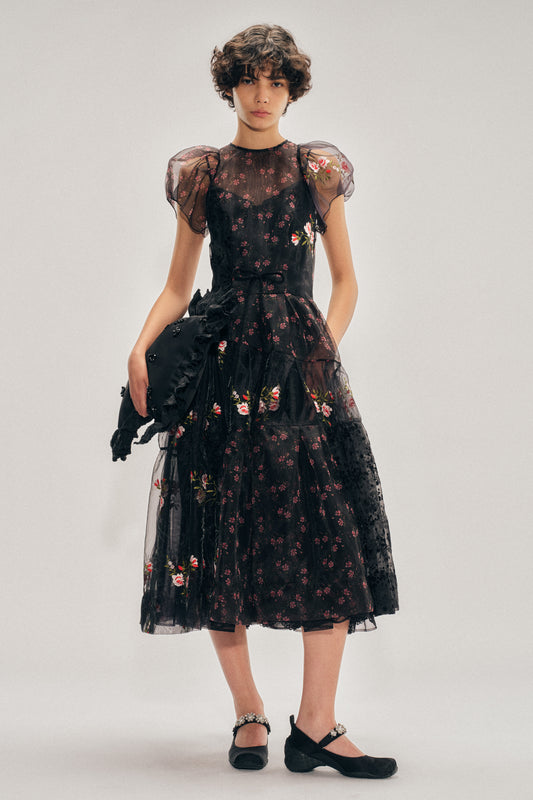 Sheer Puff Sleeve Patchwork Flounce Dress