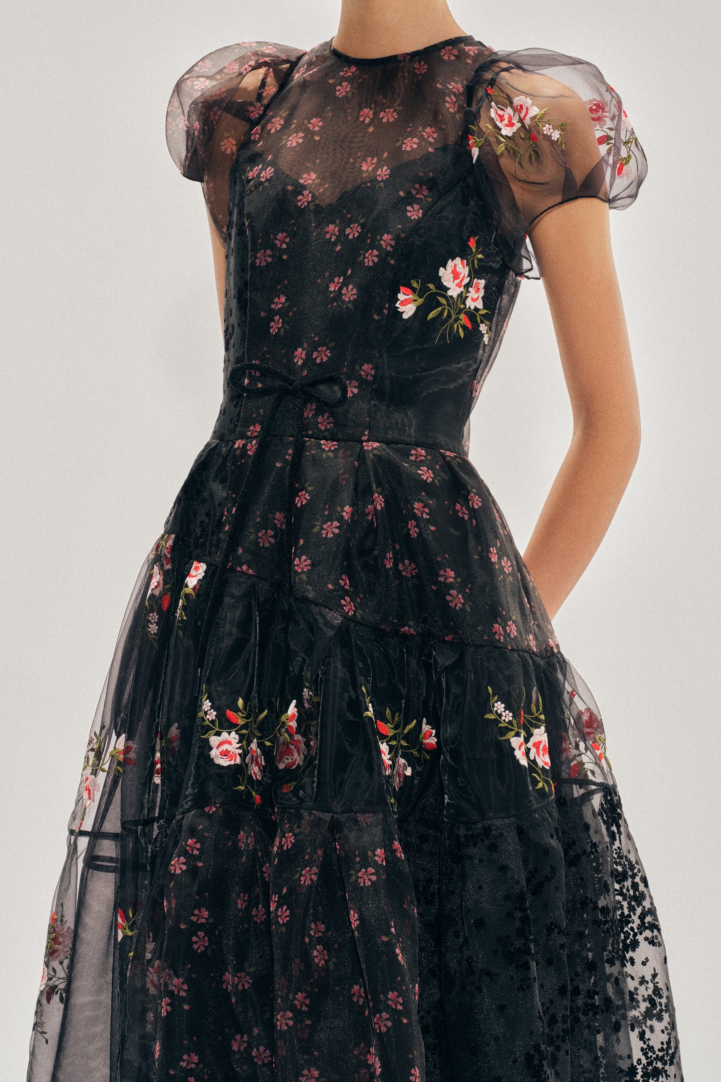 Sheer Puff Sleeve Patchwork Flounce Dress