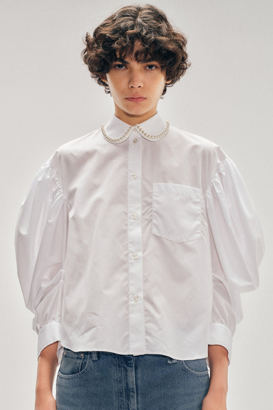 Beaded Boxy Draped Sleeve Round Collar Shirt
