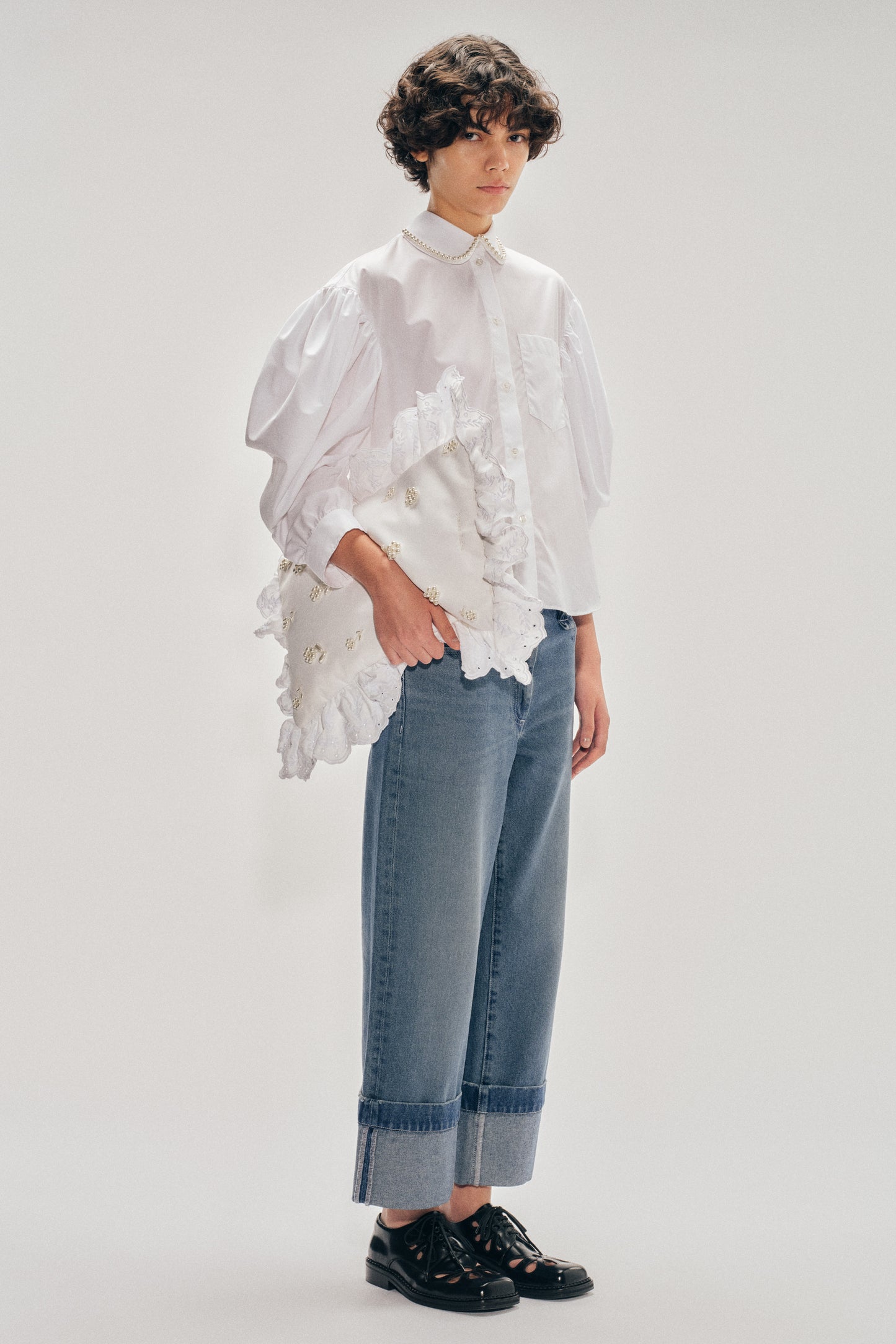 Beaded Boxy Draped Sleeve Round Collar Shirt