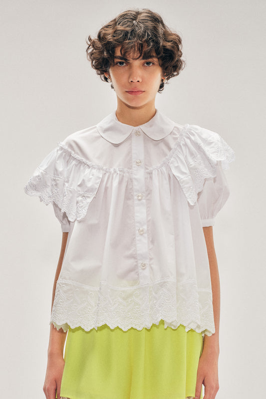 Cropped Puff Sleeve Ruffle Frill Trim Shirt