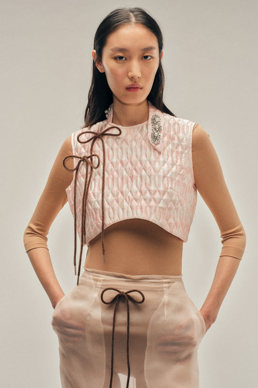 Embellished Quilted Offset Fragment Collar Top