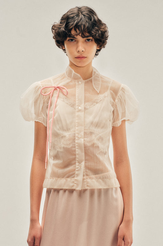 Sheer Offset Fragment Collar Puff Sleeve Shirt