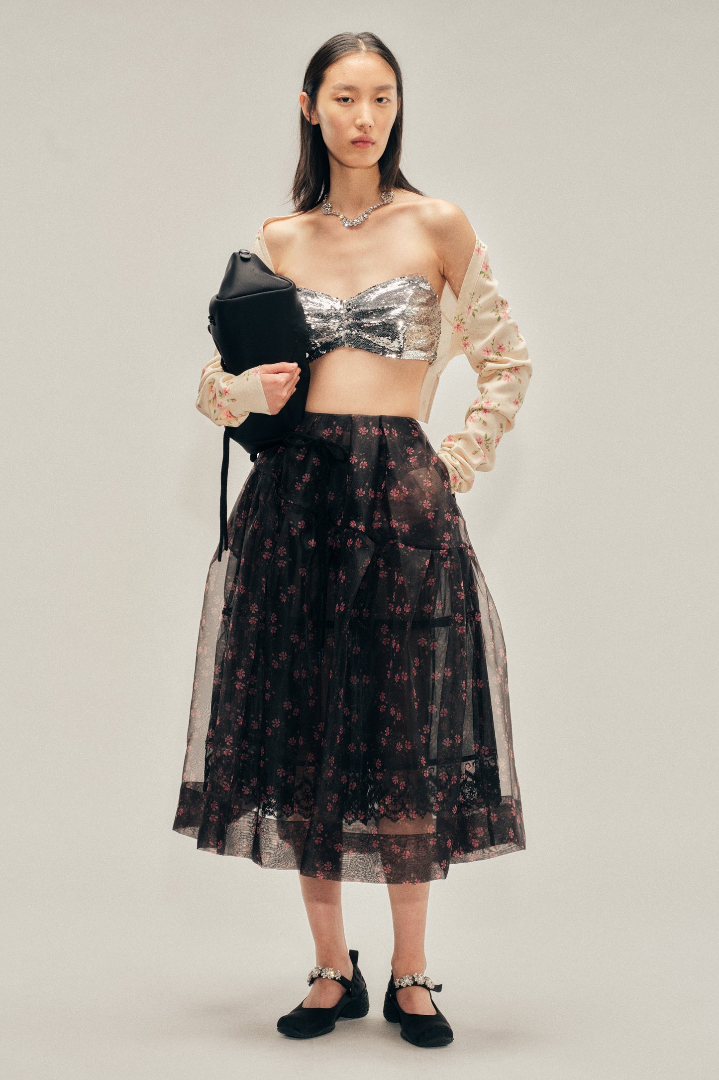 Sheer Overlay Long Flounce Skirt