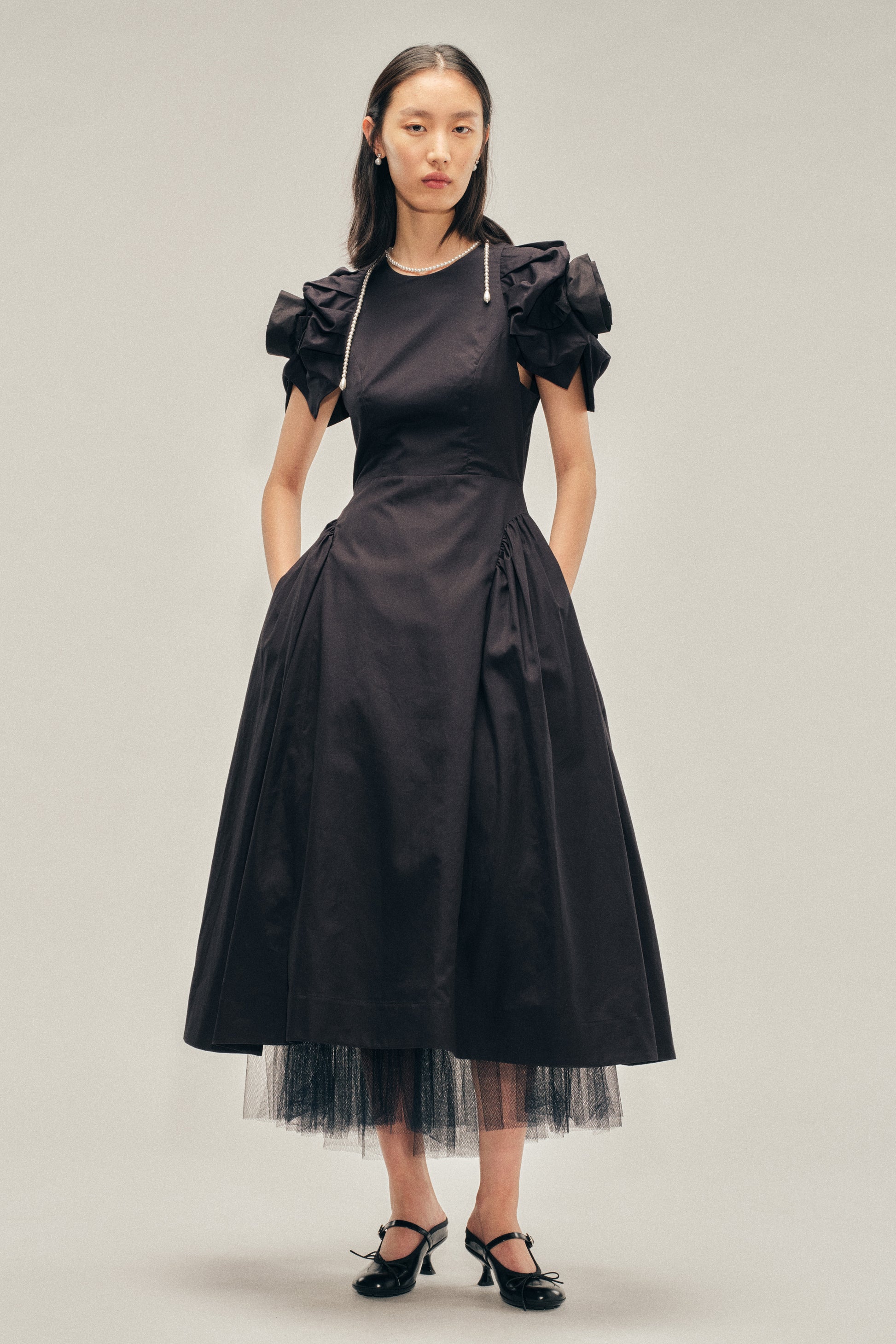 simone rocha black dress Sheer Puff Sleeve Patchwork Flounce Dress Simone Rocha