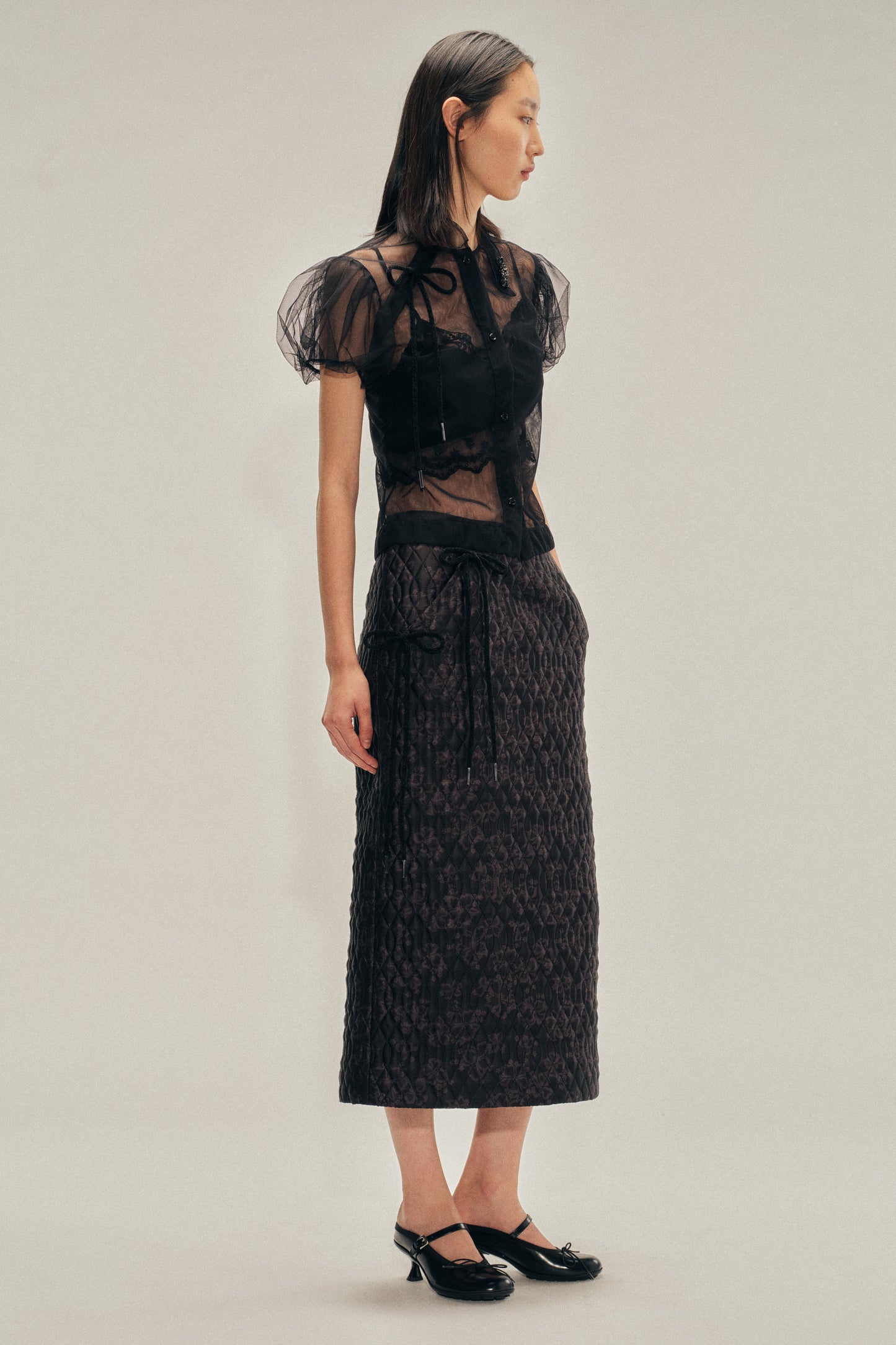 Embellished Sheer Offset Fragment Collar Puff Sleeve Shirt