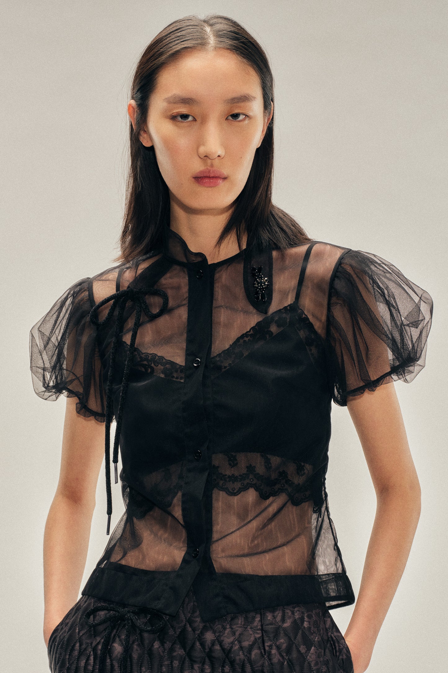 Embellished Sheer Offset Fragment Collar Puff Sleeve Shirt