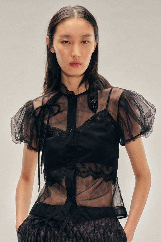 Embellished Sheer Offset Fragment Collar Puff Sleeve Shirt