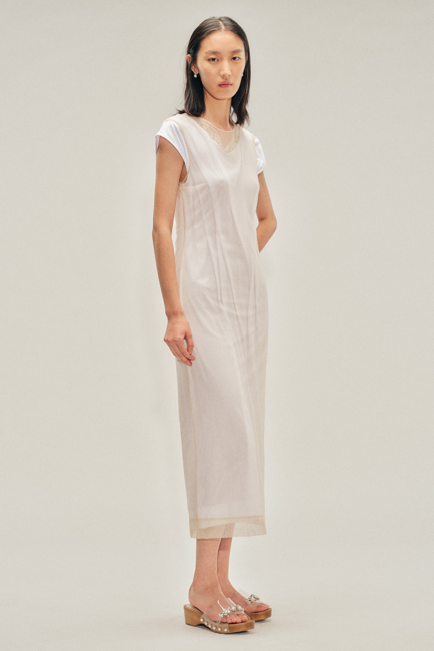 Layered Liquid Cap Sleeve Lace Trim Dress