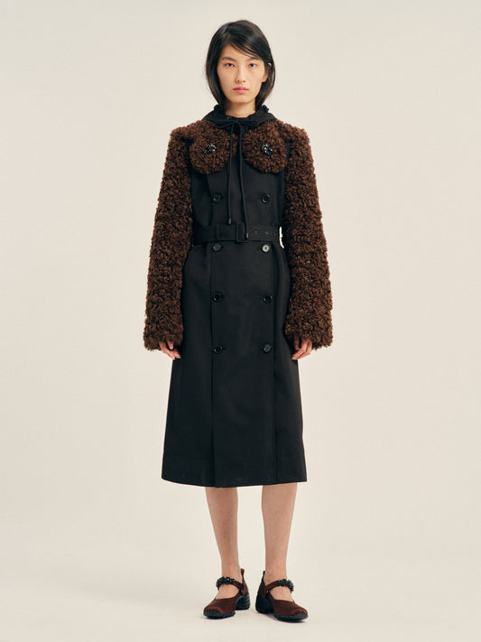 Embellished Faux Fur Detail Petal Collar Trench Coat