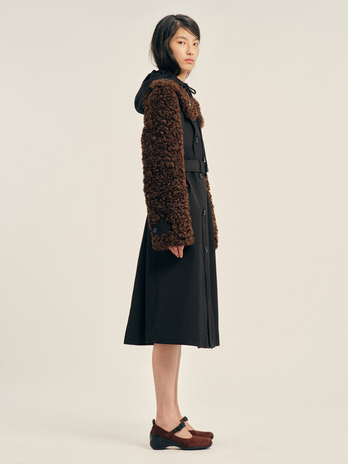 Embellished Faux Fur Detail Petal Collar Trench Coat